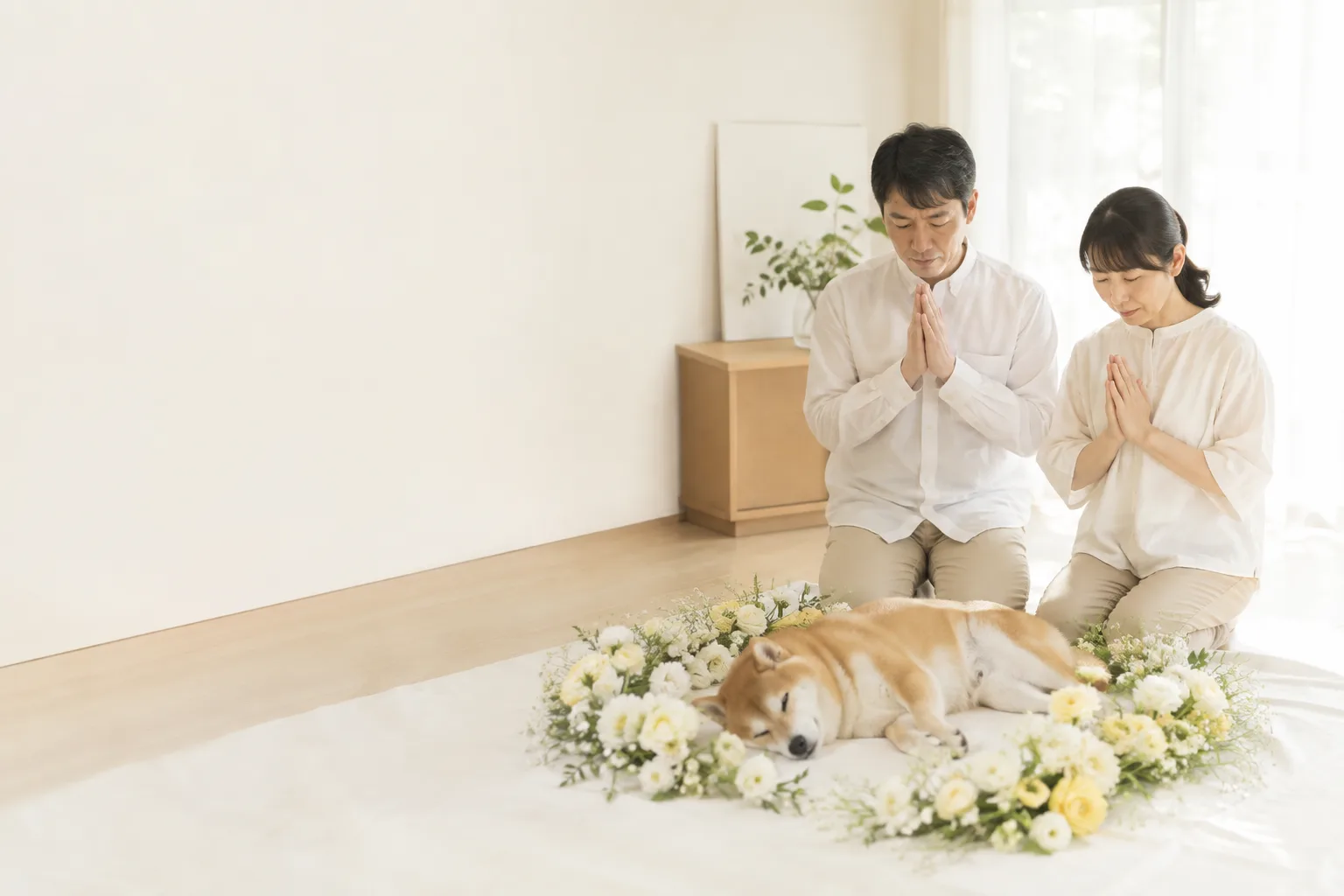 花に囲まれた愛犬に手を合わせるご家族