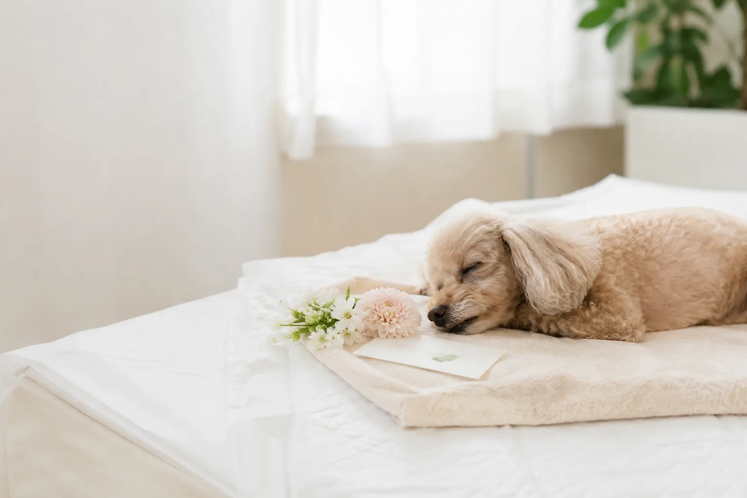 ペットシーツの上で花とともに安置された小型犬